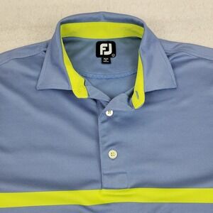 FootJoy Golf Polo Shirt Mens Large Blue Yellow Stripe Performance Polyester Logo